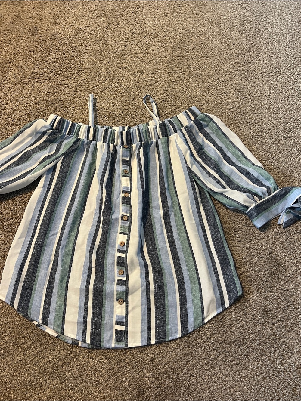 Iz Byer Striped Off-Shoulder Top in White, Blue, Green